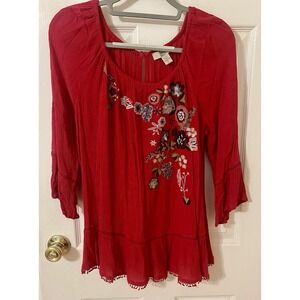 Vintage America Red Embroidered Peasant Blouse